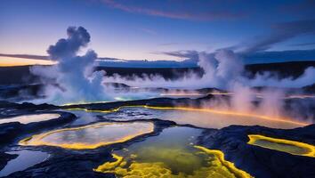 Geothermal Landscape with Steam Rising Over Pools at Twilight photo