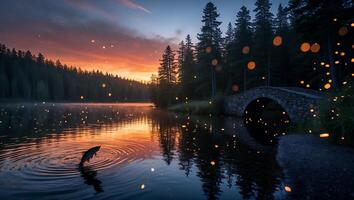 Fish Jumping in Still Lake Water at Sunset with Forest Background photo