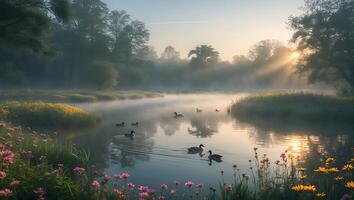 Ducks Swimming on Pond with Morning Mist and Sun Rays photo