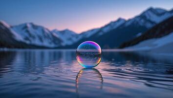 Crystal Ball Reflecting Mountain Scenery on Lake Water at Twilight photo