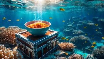Bowl with Food on Treasure Chest Underwater with Coral and Fish photo