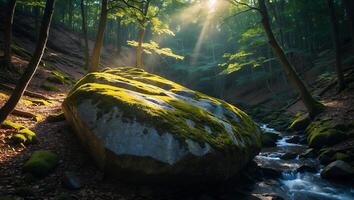 Mossy Boulder by Forest Stream with Sunlight Shining Through the Trees photo