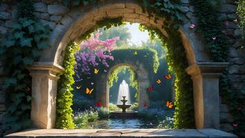 Viewing Fountain Through Stone Archway with Butterflies and Flowers photo
