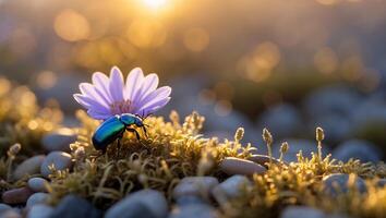 Beetle Climbing Moss Near Flower with Warm Sunset Light photo