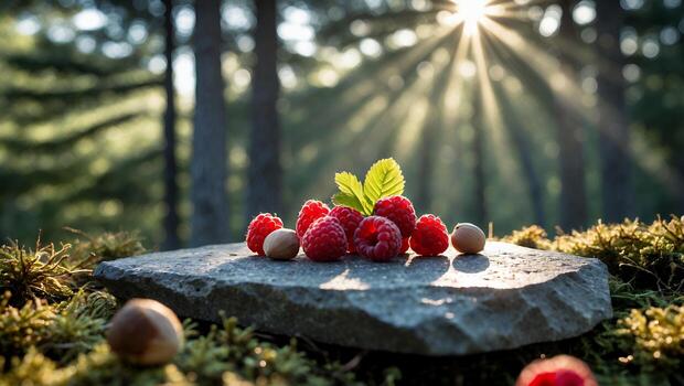 Raspberries and Nuts on Stone Slab in Forest with Sunlight photo