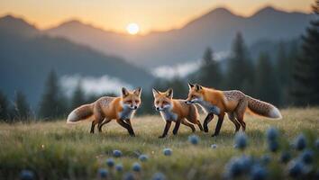 Three Foxes Walking in a Mountain Meadow at Sunset Together photo