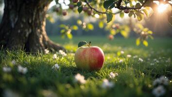 Ripe Apple Resting in Grassy Orchard with Blooming Flowers and Sunlight photo