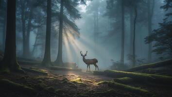 Deer Standing in Foggy Forest with Sun Rays Breaking Through Trees photo