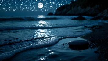 Night Ocean Scene with Moon and Sparkling Lights Reflection photo