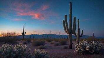 Saguaro Cactus Standing Tall in Desert Landscape During Twilight photo