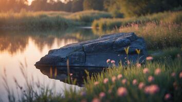 Rock by Water at Sunset with Grassy Shore and Reflective Surface photo