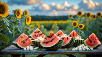 Slices of Watermelon with Cheese Cubes in Sunflower Field photo