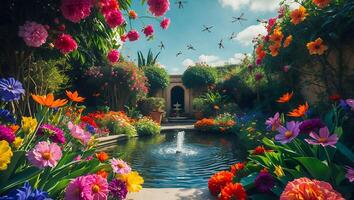 Idyllic Garden Pond with Colorful Flowers and Dragonflies Flying Above photo