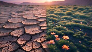 Comparing Cracked Dry Earth and Green Flower Field at Sunset photo