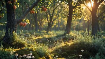 Walking Through Enchanted Forest with Mushrooms and Fruits on Trees photo