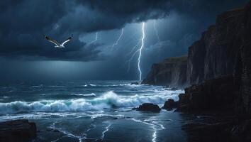 Dramatic Coastline with Lightning Storm and Flying Seagull Landscape photo