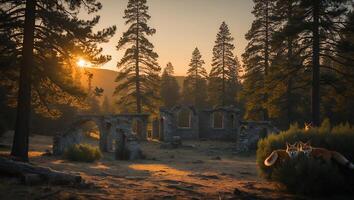 Foxes Near Forest Ruins at Sunrise with Golden Light Haze photo