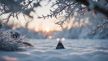 Pine Cone in Snow with Winter Branches and Sunset Glow photo