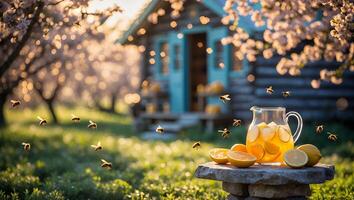 Lemonade Refreshment in Spring Garden with Bees and Cozy Cabin photo