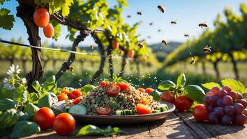 Quinoa Salad with Cherry Tomatoes and Bees in Vineyard Setting photo