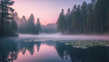Lake at Dusk Reflecting Forest with Water Lilies and Gentle Mist photo