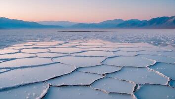 Salt Flats Landscape with Cracked Ground and Mountain Views at Dawn photo