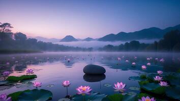 Lotus Flowers Bloom on Misty Lake Surrounded by Distant Mountains photo
