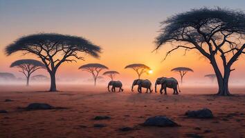 Elephants Walking in Savannah at Sunset with Acacia Trees Silhouette photo