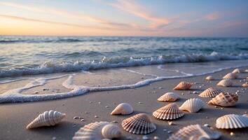 Seashells Scattered on Sandy Beach with Gentle Waves at Sunset photo