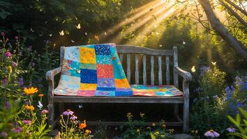 Patchwork Quilt on a Wooden Bench in a Sunlit Flower Garden photo