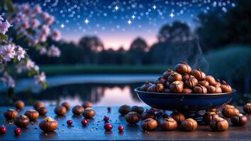 Roasted Chestnuts on Wooden Table at Twilight with Dreamy Starry Sky photo