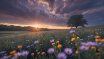 Sunset Field with Flowers and Tree Under Dramatic Cloudy Sky photo