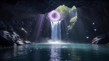 Waterfall and Cave with Magical Portal and Butterflies Scenery photo