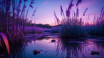 Frogs Resting on Water Lilies in a Purple Hued Wetland photo