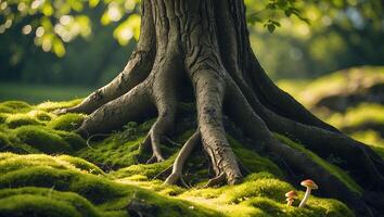 Tree Roots Spreading on Mossy Ground with Small Mushrooms photo