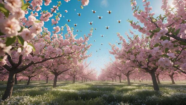 Bees Flying Above Blooming Cherry Trees in an Orchard During Spring photo
