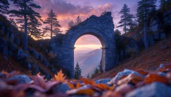 Stone Arch Framing Mountain View with Colorful Sky and Autumn Leaves photo