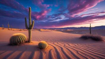 Desert Cactus Landscape at Sunset with Dramatic Sky and Sand Dunes photo