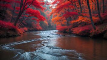 Flowing River Through Autumn Forest with Red and Orange Foliage photo