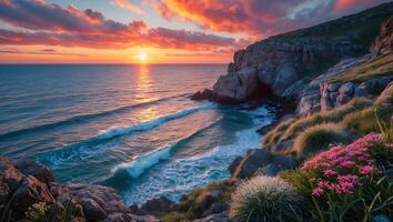 Seascape at Sunset with Rocky Coastline Flowers and Breaking Waves photo