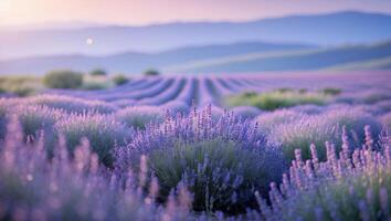 Lavender Field Blooming in Rows at Sunset Creating Serene Landscape photo