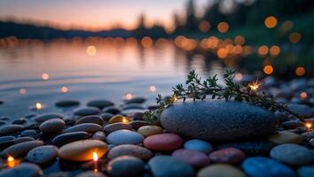 Pebble Beach at Dusk with Reflections and Plant on Rock photo
