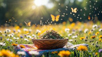 Enjoying Quinoa Salad in a Sunny Field with Butterflies photo