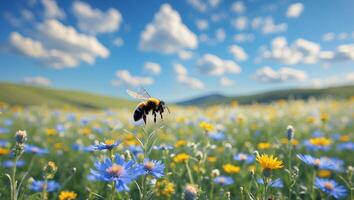 Bee Resting on Wildflower in Sunny Meadow Under Blue Sky photo