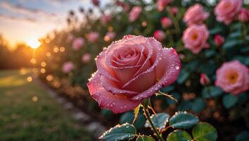 Blooming Rose Flower with Water Droplets at Sunrise in Garden photo