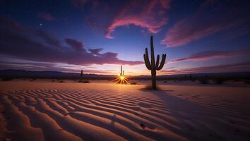 Cactus Silhouette in Desert Landscape with a Dramatic Sunset Sky photo