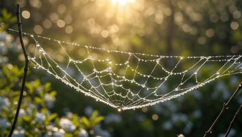 Dew Covered Spiderweb Glistening in Sunlight in a Natural Setting photo
