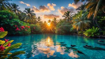 Tropical Oasis Reflections Serene Lagoon with Lush Palm Trees at Sunset photo