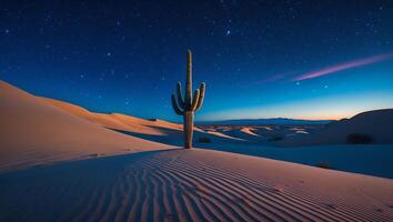 Desert Cactus Under Starry Night Sky with Sand Dune Ripples photo
