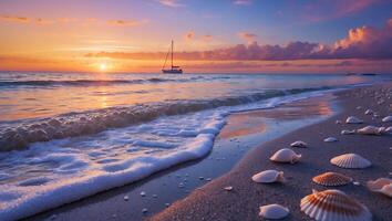 Sunset Ocean View with Waves, Sailboat, and Seashells on Beach photo